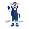 Mouse Mascot Costume in White with Blue Overalls and Scarf