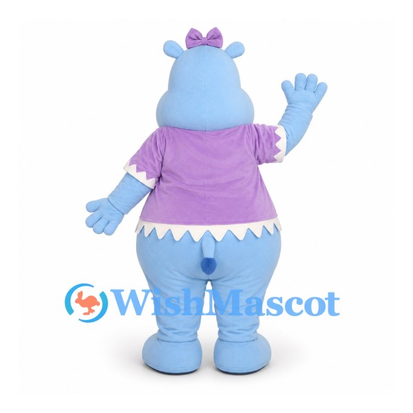 Hippo Mascot Costume in Pale Blue with Purple Shirt and Hair Bow