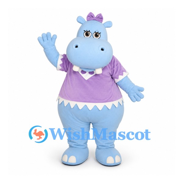Hippo Mascot Costume in Pale Blue with Purple Shirt and Hair Bow