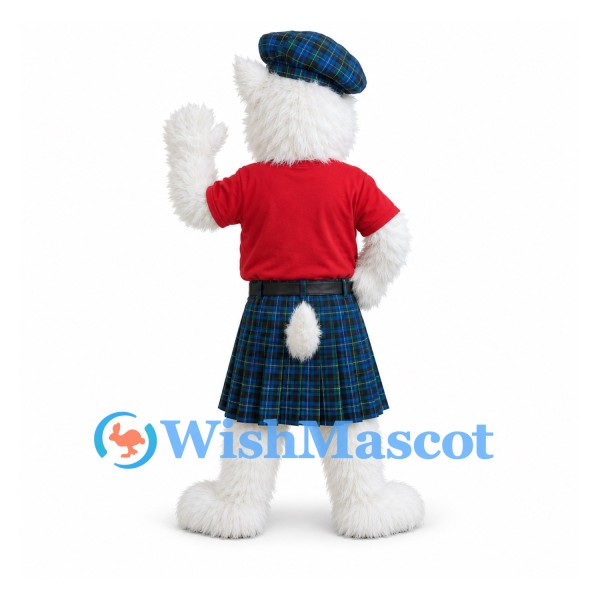 Polar Bear Mascot Costume with Red Shirt and Blue Tartan Kilt