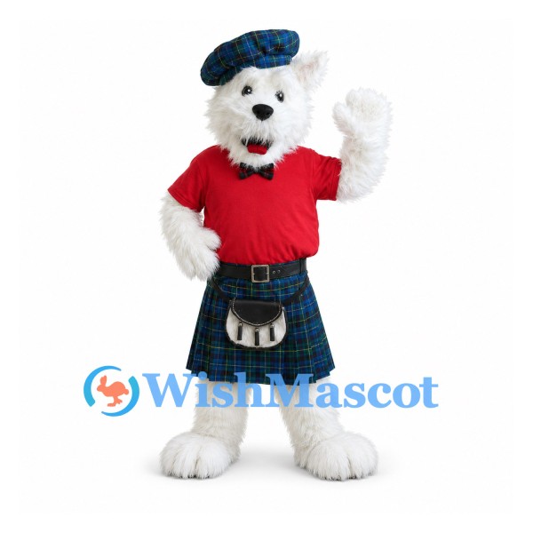 Polar Bear Mascot Costume with Red Shirt and Blue Tartan Kilt