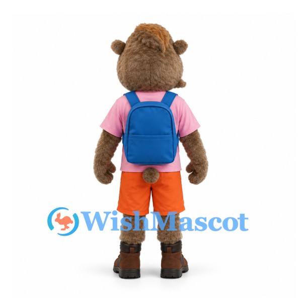 Bear Mascot Costume with Pink Shirt and Blue Backpack