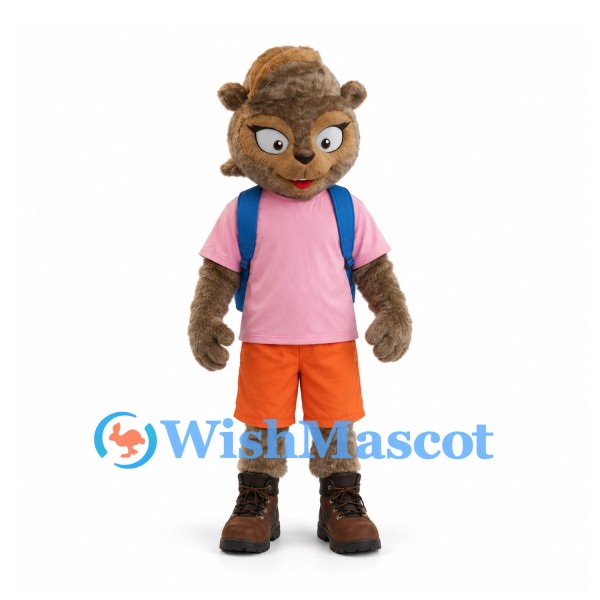 Bear Mascot Costume with Pink Shirt and Blue Backpack