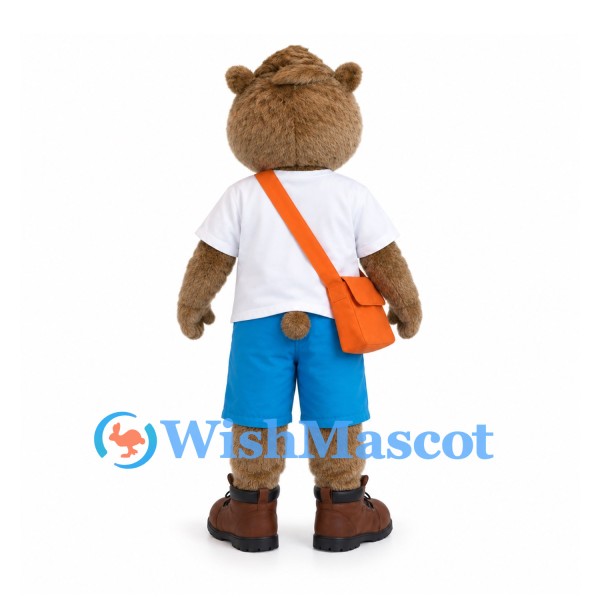 Bear Mascot Costume with White Shirt and Orange Shoulder Bag
