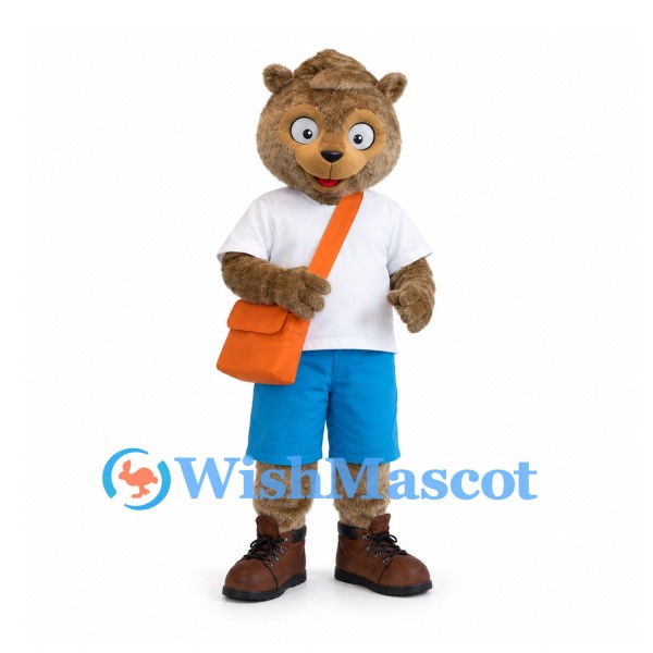 Bear Mascot Costume with White Shirt and Orange Shoulder Bag