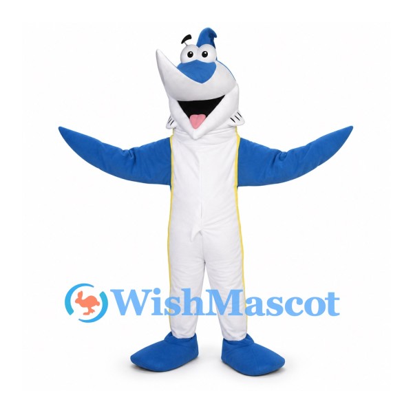 Shark Mascot Costume in Blue with White Belly and Wide Fins