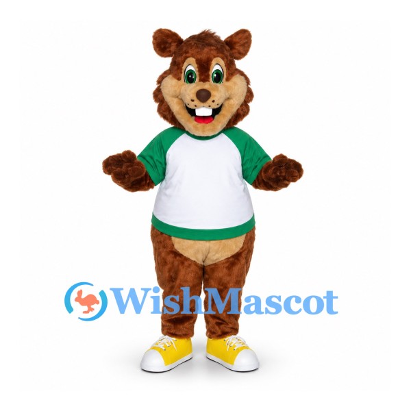 Bear Mascot Costume with White and Green Sports Shirt