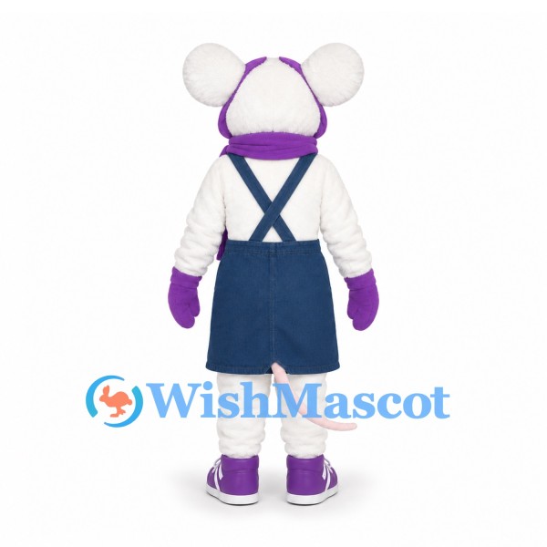 Mouse Mascot Costume in White with Blue Dress and Purple Scarf