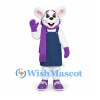 Mouse Mascot Costume in White with Blue Dress and Purple Scarf