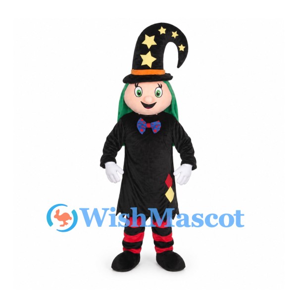 Witch Mascot Costume with Green Hair and Star Hat