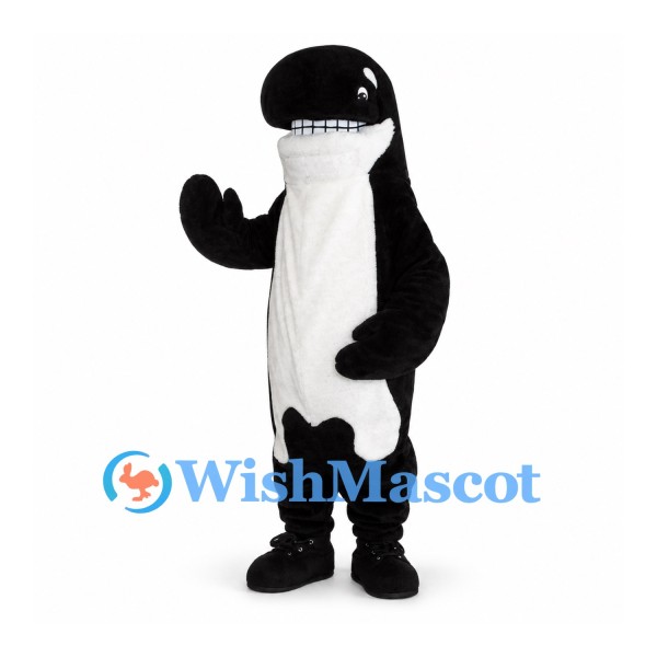 Killer Whale Mascot Costume in Black with White Belly and Toothy Smile