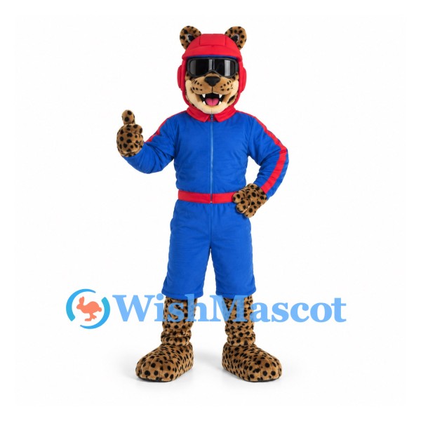 Leopard Racer Mascot Costume with Blue Suit and Red Helmet