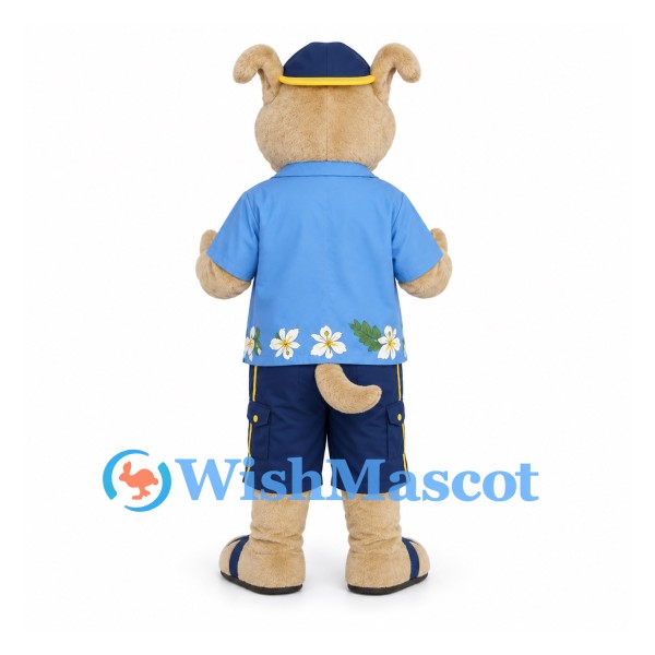 Dog Mascot Costume with Blue Floral Shirt and Summer Hat