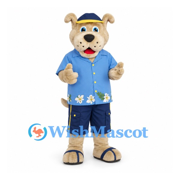 Dog Mascot Costume with Blue Floral Shirt and Summer Hat