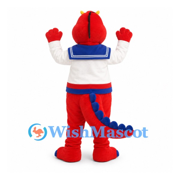 Dragon Sailor Mascot Costume in Red with White Shirt and Blue Neck Tie