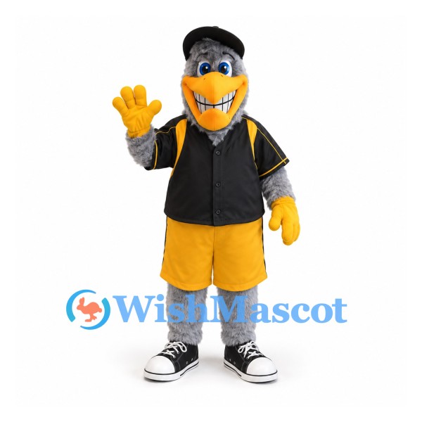 Bird Mascot Costume with Black Jersey and Yellow Shorts
