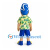 Surfer Mascot Costume with Blue Wave Hair and Tropical Shirt