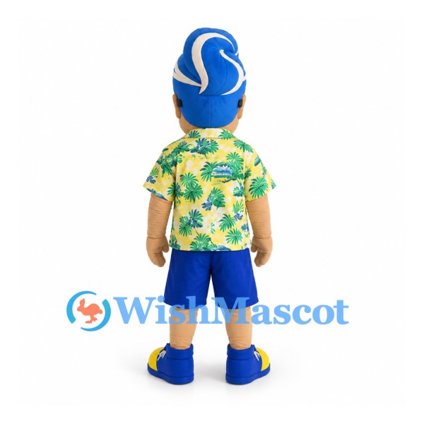 Surfer Mascot Costume with Blue Wave Hair and Tropical Shirt