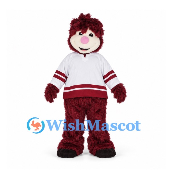 Bear Mascot Costume in Burgundy with White Hockey Jersey