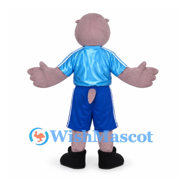 Hippo Mascot Costume with Blue Sports Shirt and Shorts