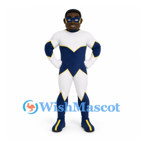 Superhero Mascot Costume with White and Navy Suit and Eye Mask