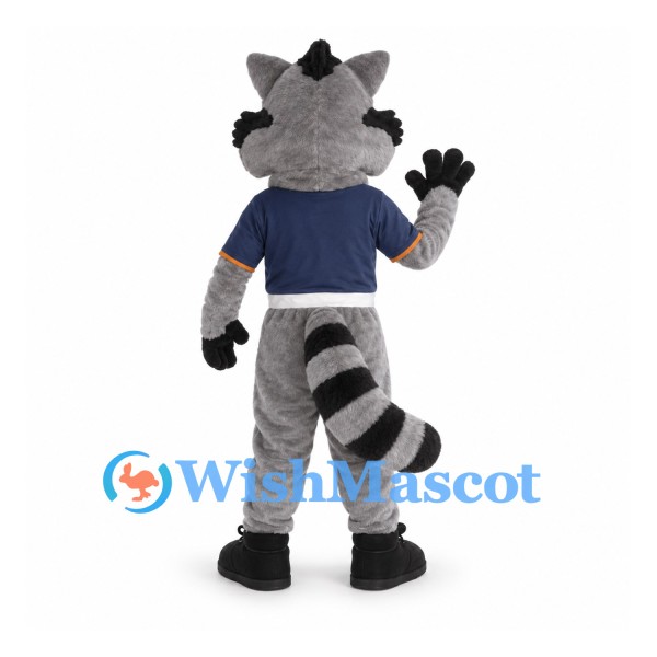 Raccoon Mascot Costume with Navy Sports Shirt and Striped Tail