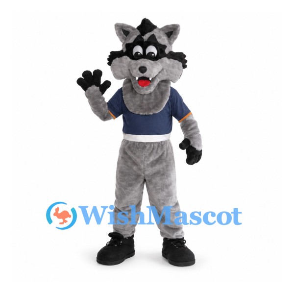 Raccoon Mascot Costume with Navy Sports Shirt and Striped Tail