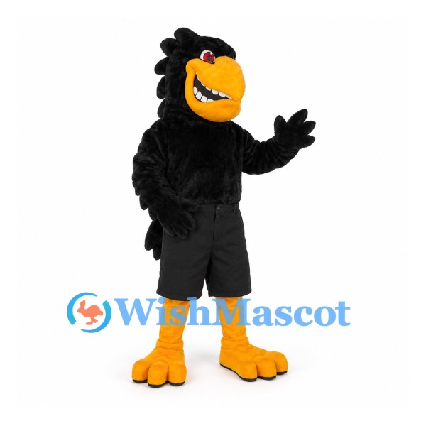 Crow Mascot Costume in Black with Yellow Beak and Feet