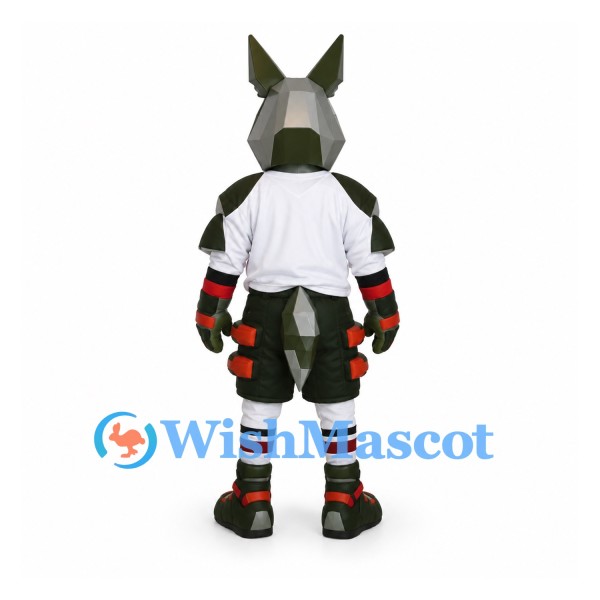 Wolf Robot Mascot Costume with Angular Head and White Sports Shirt