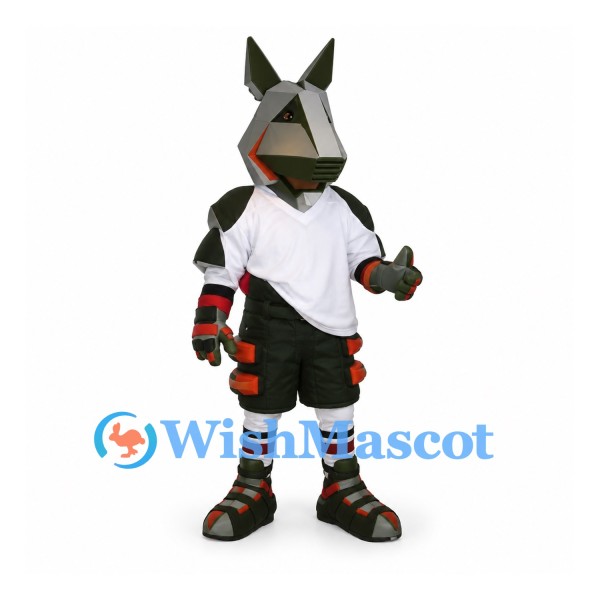 Wolf Robot Mascot Costume with Angular Head and White Sports Shirt