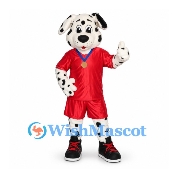 Dalmatian Mascot Costume with Red Sports Uniform and Medal