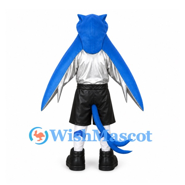 Dragon Mascot Costume in Blue with Silver Wings and Sports Outfit