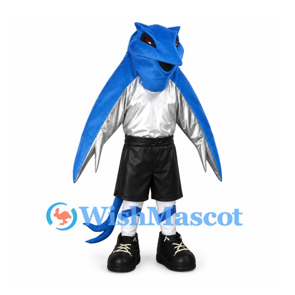 Dragon Mascot Costume in Blue with Silver Wings and Sports Outfit
