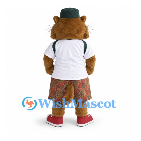 Wildcat Mascot Costume with Green Hat and Floral Shorts