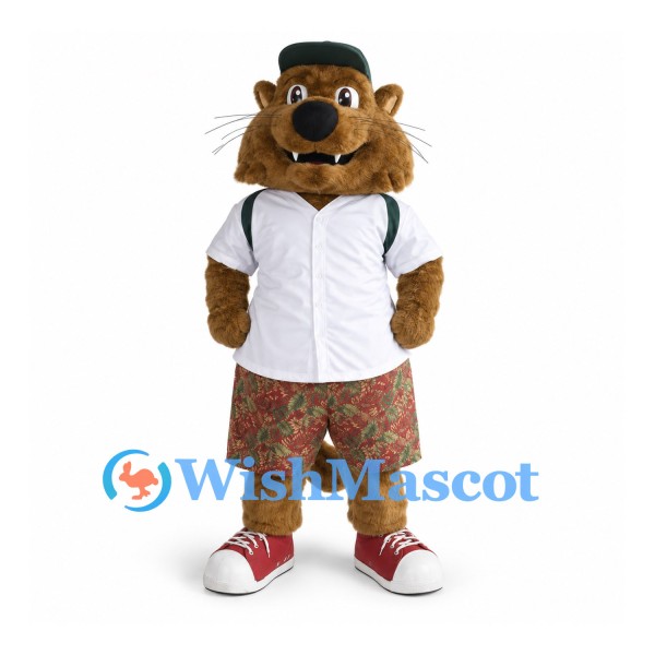 Wildcat Mascot Costume with Green Hat and Floral Shorts