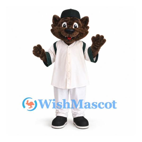 Cat Mascot Costume with White Baseball Uniform and Black Helmet
