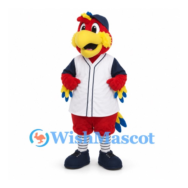 Parrot Mascot Costume with Baseball Jersey and Navy Cap