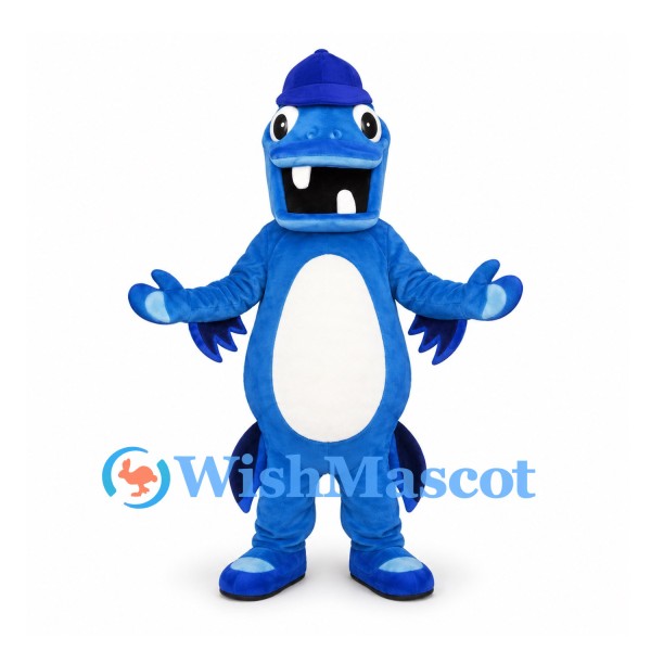 Shark Mascot Costume in Blue with White Belly and Small Cap
