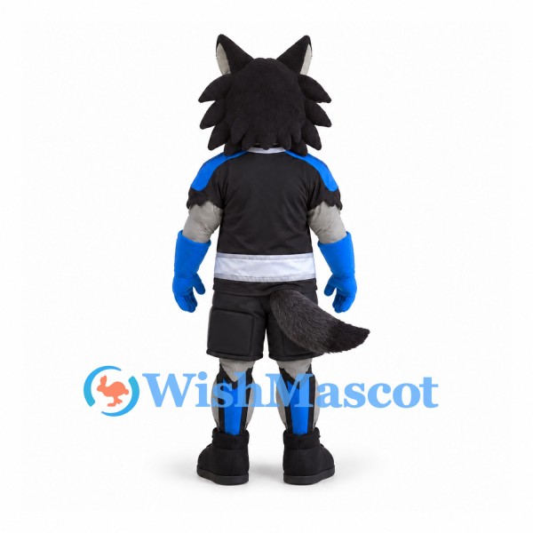 Wolf Mascot Costume with Black Sports Uniform and Blue Guards
