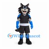 Wolf Mascot Costume with Black Sports Uniform and Blue Guards