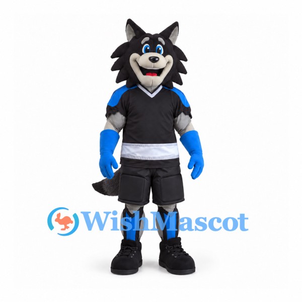 Wolf Mascot Costume with Black Sports Uniform and Blue Guards