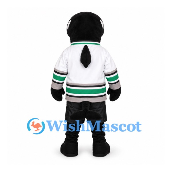 Killer Whale Mascot Costume with White and Green Hockey Jersey