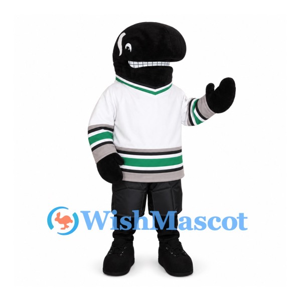 Killer Whale Mascot Costume with White and Green Hockey Jersey