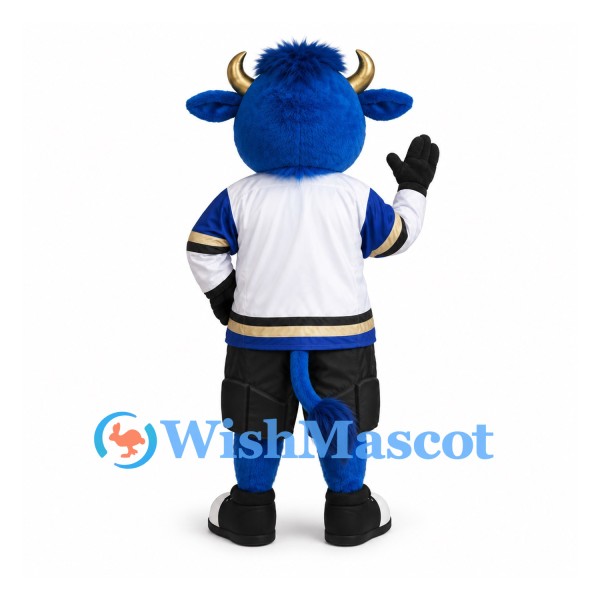 Bull Mascot Costume in Blue with White Hockey Jersey