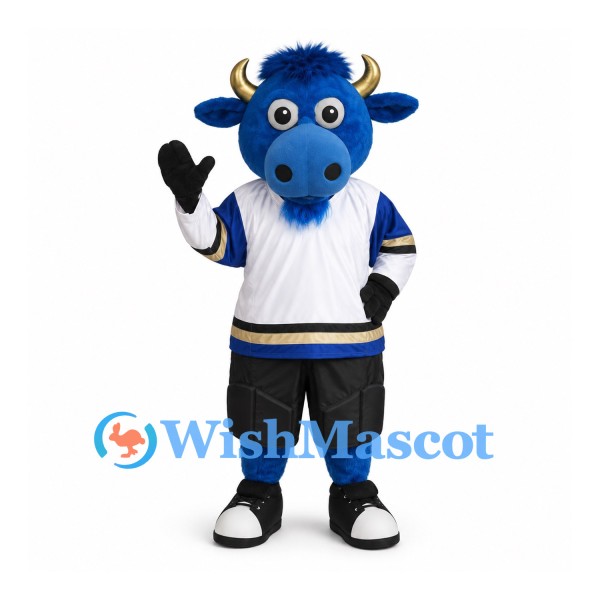 Bull Mascot Costume in Blue with White Hockey Jersey