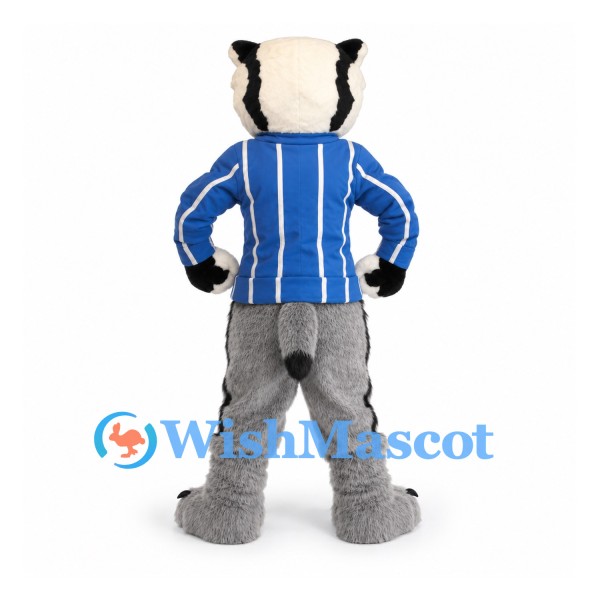 Badger Mascot Costume with Blue Striped Jersey and Gray Body