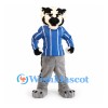 Badger Mascot Costume with Blue Striped Jersey and Gray Body