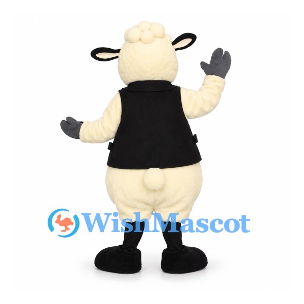 Sheep Mascot Costume in Cream with Black Vest