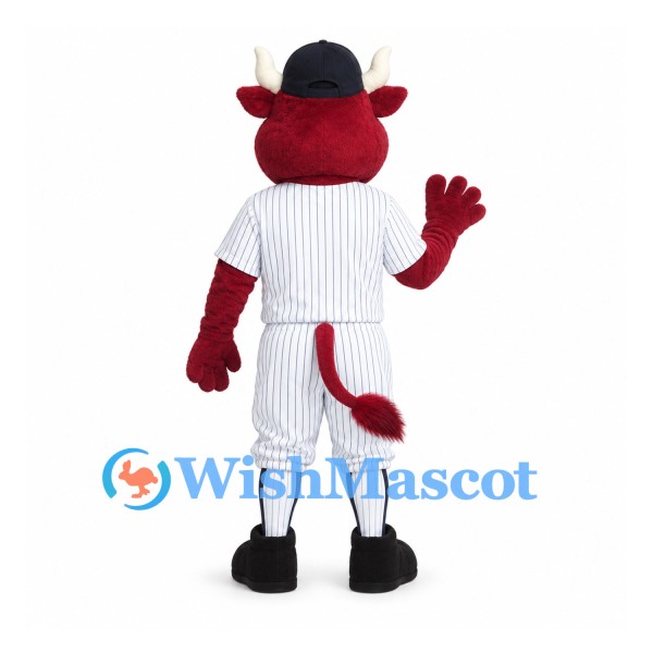Bull Mascot Costume in Red with White Baseball Uniform