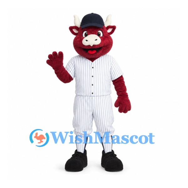 Bull Mascot Costume in Red with White Baseball Uniform